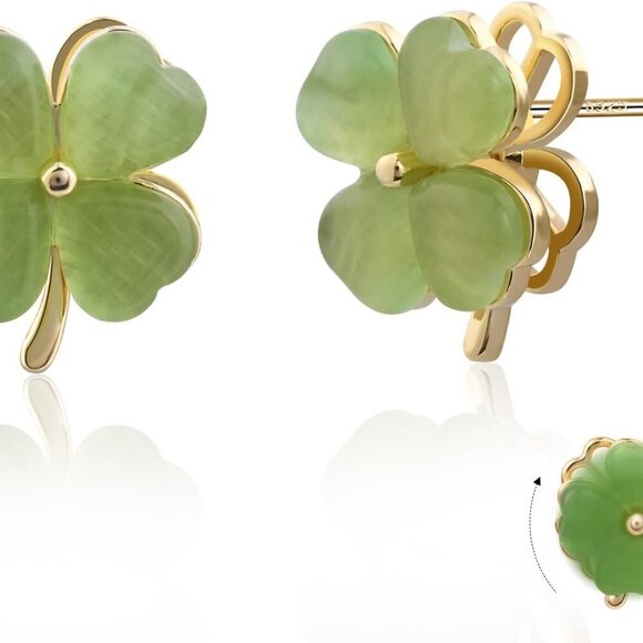 Rotatable Four Leaf Clover Earrings Green Jade Gold Stud Trendy Women - Picture 1 of 7